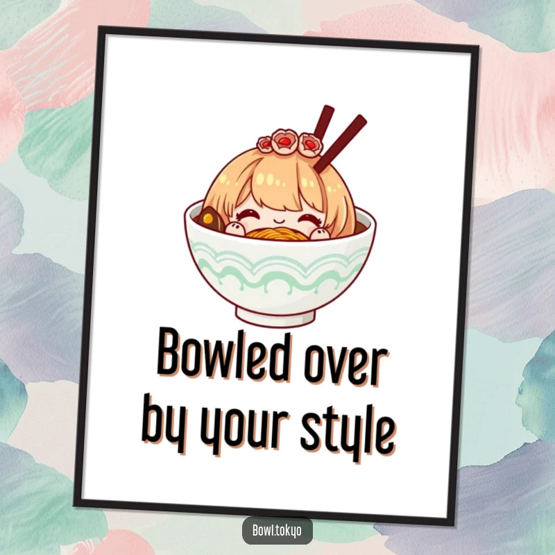 Funny Free Printable Wall Art: A ramen bowl adorned with a hairpiece, bowing politely.