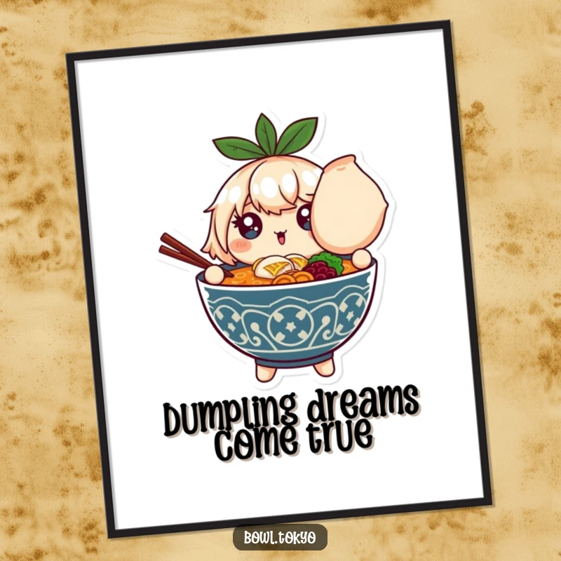 Funny Free Printable Wall Art: A ramen bowl character with sparkling eyes holding a giant, delicious dumpling.