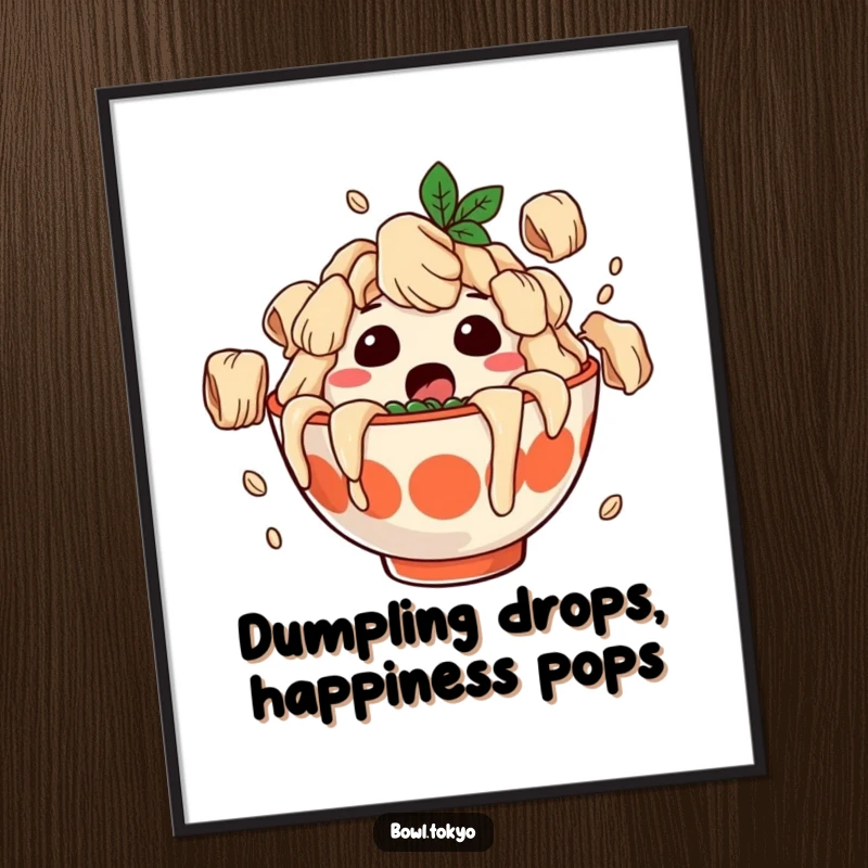 Funny Free Printable Wall Art: A ramen bowl character with a surprised look is covered in falling dumplings.