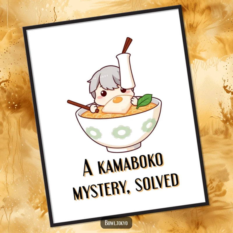 Funny Free Printable ramen bowl art, examining a floating kamaboko, quirky downloadable wall decor, print at home.