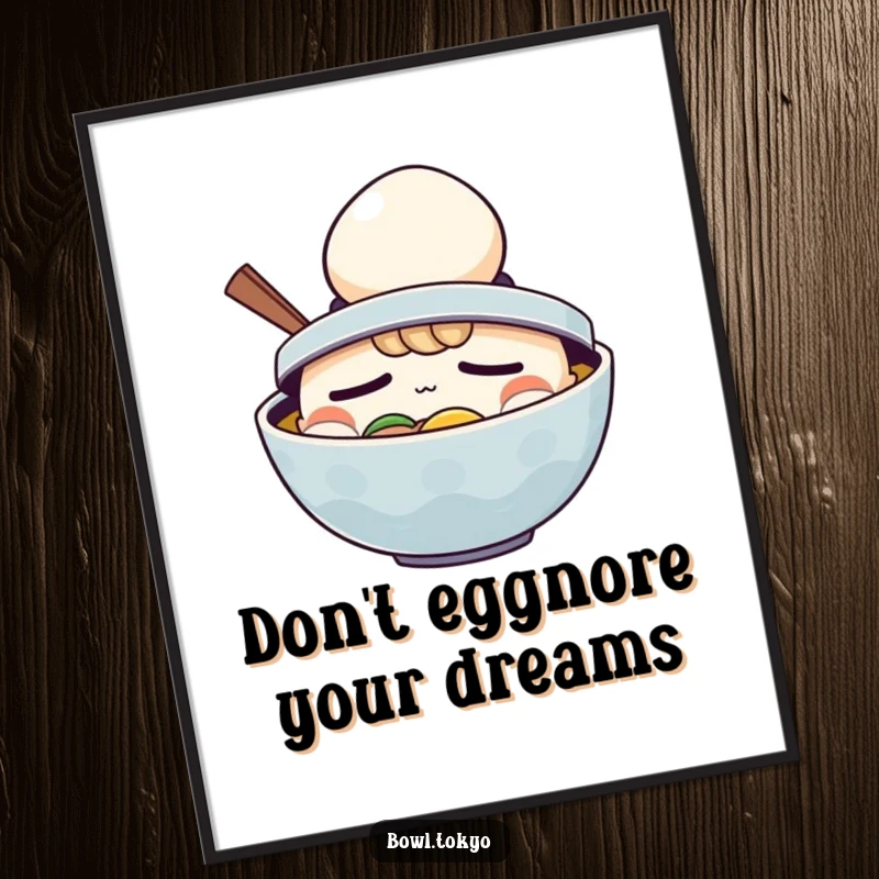 Funny Free Printable ramen bowl art, wearing an egg hat, looking sleepy, cute downloadable wall decor, print at home.