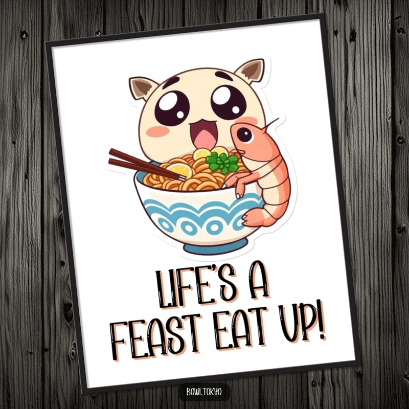Funny Free Printable Wall Art: Excited ramen character taking a huge bite out of a giant shrimp, a culinary delight!