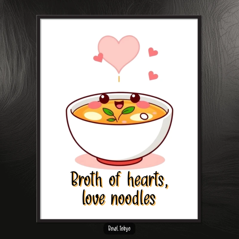 Funny Free Printable Wall Art of a broth bowl character winking, with steam artfully forming a heart.