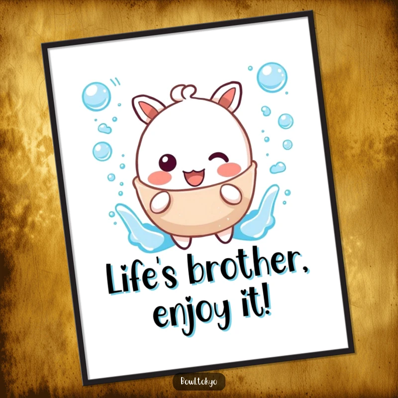 Funny Free Printable Wall Art of a kawaii broth character splashing with joy and accent bubbles.