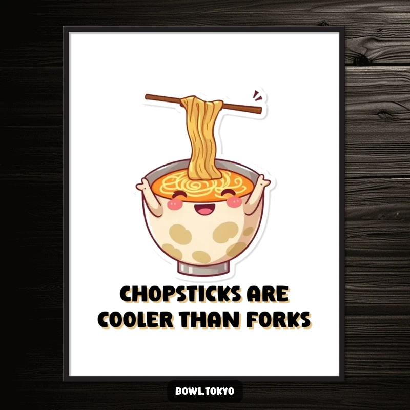 Funny Free Printable Wall Art of a cheerful ramen bowl character gesturing enthusiastically with wiggling chopsticks.