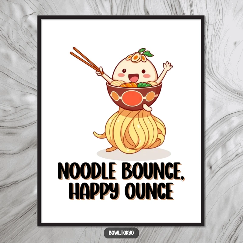 Funny Free Printable Wall Art: A ramen bowl character joyfully bouncing high on a giant noodle.