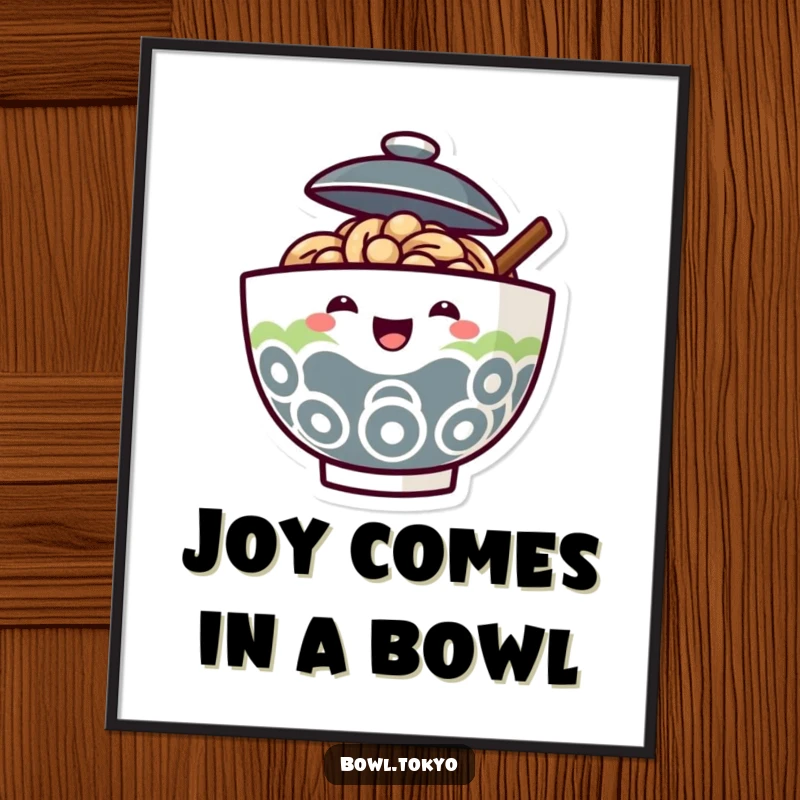 Funny Free Printable Wall Art: A ramen bowl character with its lid slightly ajar, a joyful face peeking out.