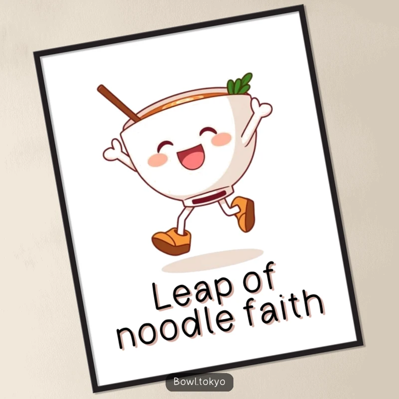 Funny Free Printable Wall Art: A joyful ramen bowl with wooden clogs, captured mid-leap.