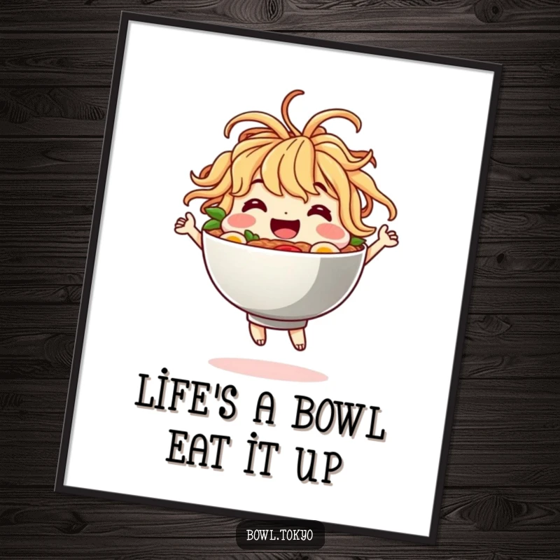 Funny free printable wall art featuring a ramen bowl character with noodles for hair, dancing joyfully in a kitchen or dining area.