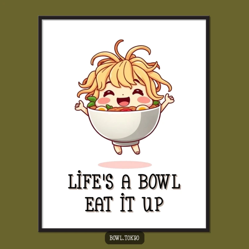 Free Printable Wall Art: Funny Dancing Ramen Bowl, Noodle Hair, Downloadable Kitchen Decor