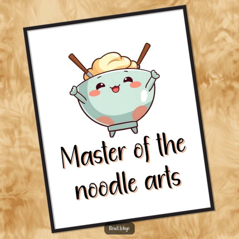 Funny Free Printable Wall Art of a food bowl character striking a cool pose with energetic chopsticks.