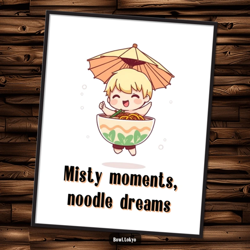 Funny Free Printable Wall Art: A ramen character wearing a tiny paper umbrella dances playfully in a gentle, misty atmosphere!