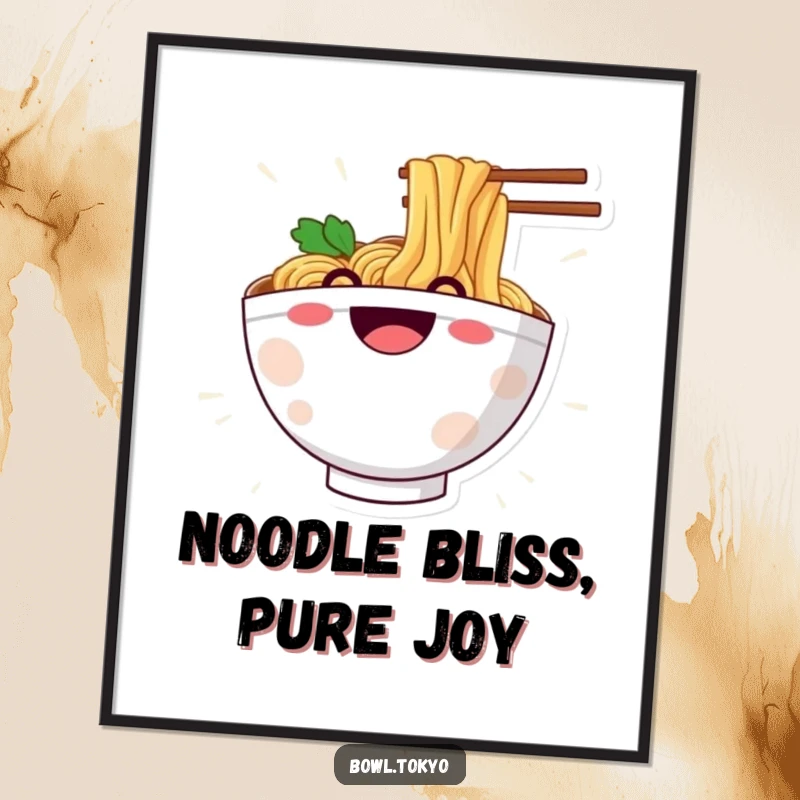 Funny Free Printable Wall Art: A ramen bowl character with a big grin joyfully sliding down a noodle.
