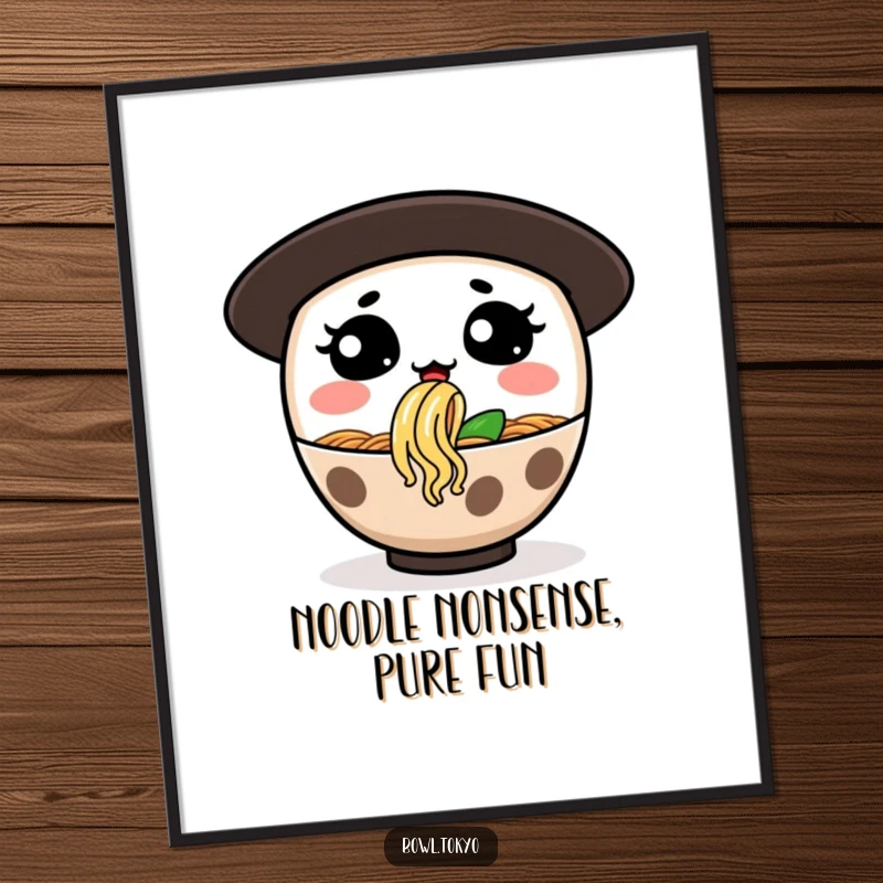Funny Free Printable Wall Art: A ramen bowl character with a silly expression blowing a large, whimsical noodle bubble.