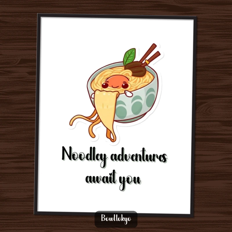Funny Free Printable Wall Art of a happy ramen bowl character joyfully sliding down a long noodle string.