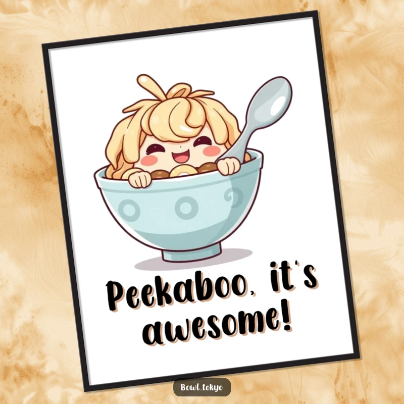 Funny Free Printable Wall Art: A mischievous ramen bowl character peeking from behind a giant spoon with a cheeky grin.