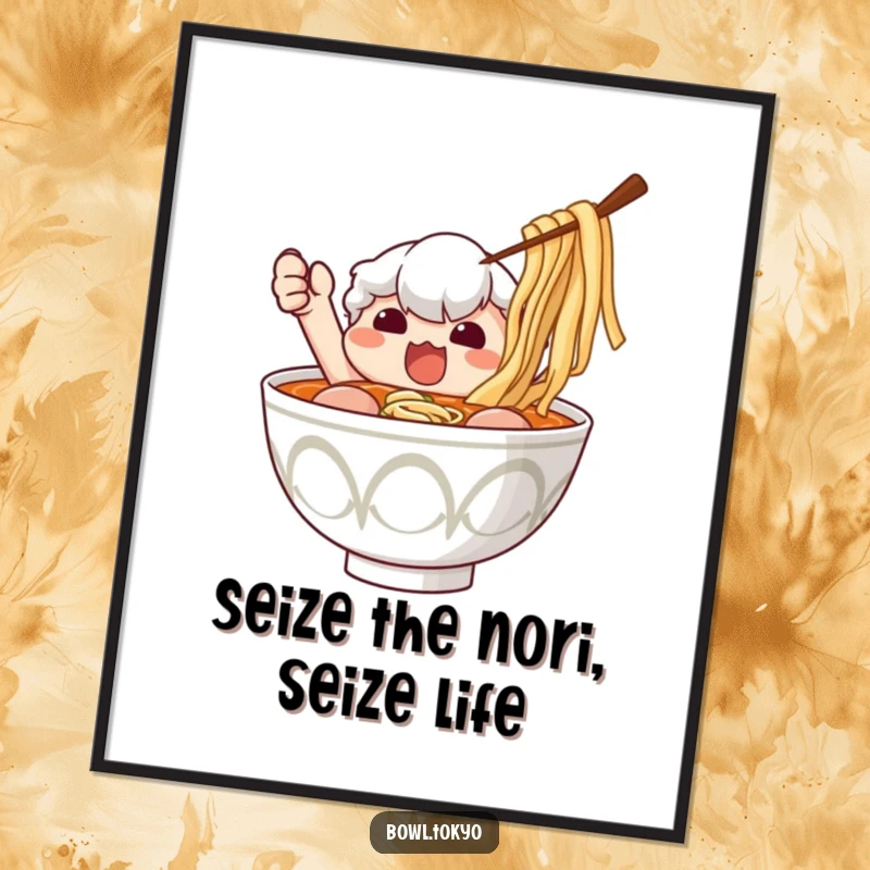 Funny Free Printable ramen bowl art, determinedly reaching for nori, quirky downloadable wall decor for foodies, print at home.