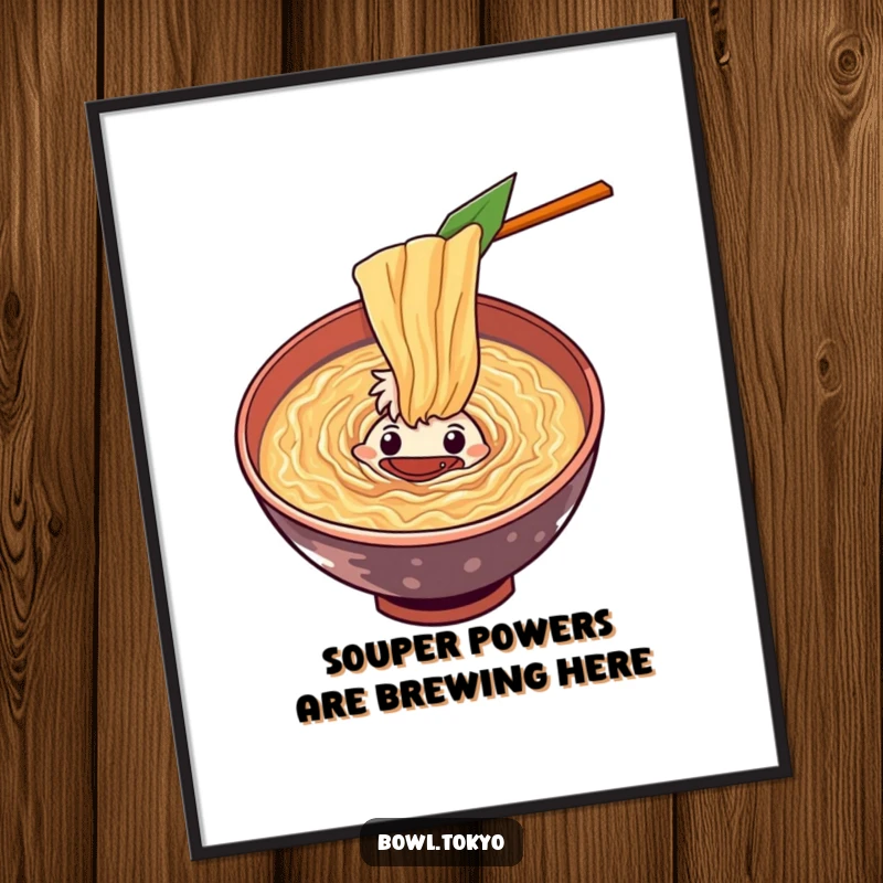 Funny Free Printable Wall Art: A curious ramen bowl character peering deeply into a swirling, colorful vortex of flavorful soup.