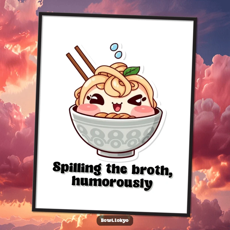 Funny Free Printable Wall Art: A Kawaii ramen bowl character with a sly wink, splashing a tiny drop.
