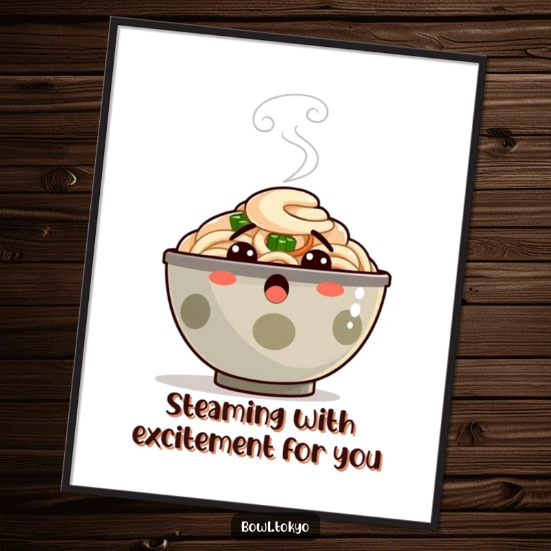 Funny free printable wall art depicting a ramen bowl character with steam puffing out, showcasing a comical surprised reaction.