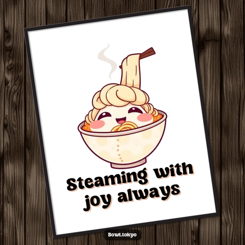 Funny free printable wall art of a smiling anthropomorphic ramen bowl with steam rising in playful patterns resembling hearty laughter.