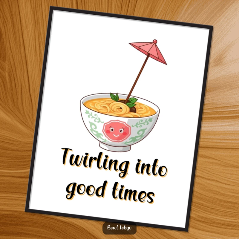Funny Free Printable Wall Art: A happy ramen bowl joyfully twirling a tiny umbrella.