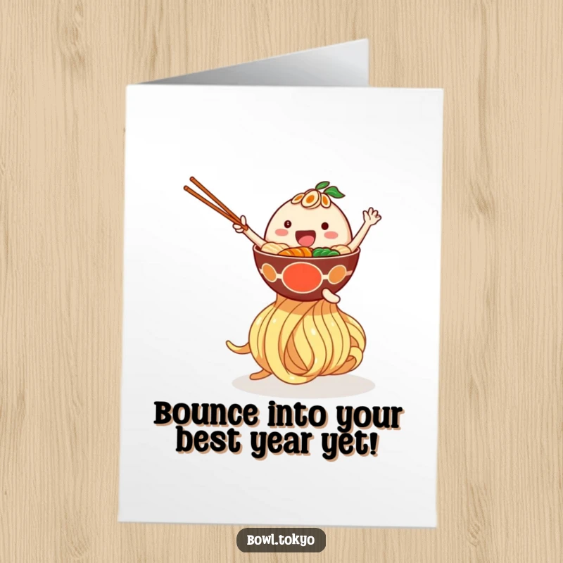 Funny Free Printable Birthday Card: Happy ramen bowl character joyfully bouncing on a giant noodle for a birthday.