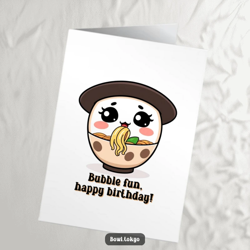Funny Free Printable Birthday Card: A ramen bowl character with a silly expression blowing a giant noodle bubble.