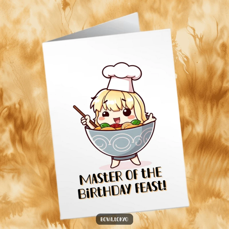 Funny Free Printable Birthday Card: Ramen bowl character in a chef hat poses dramatically for a birthday.