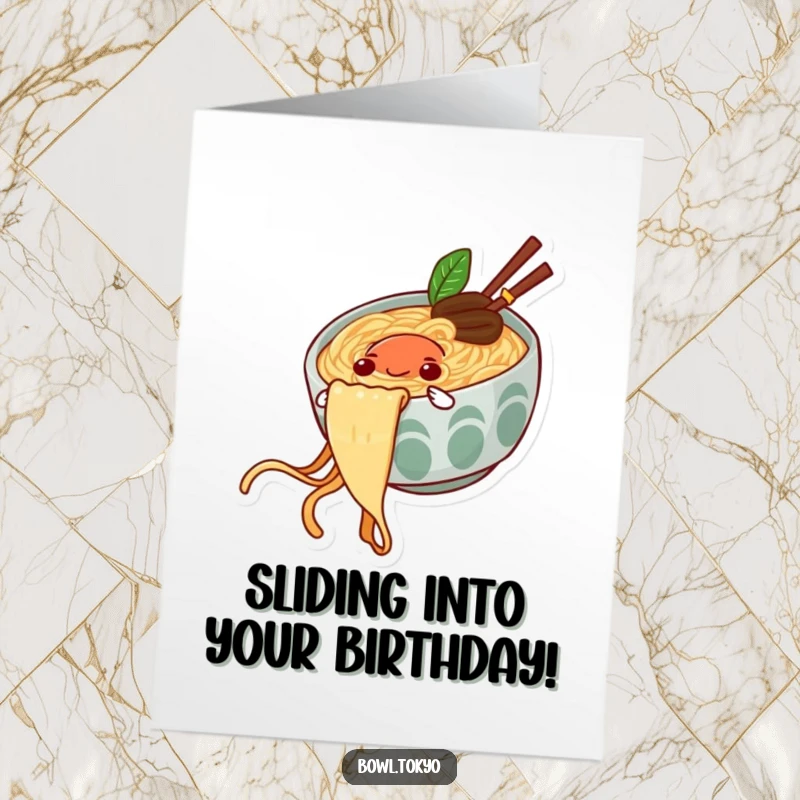 Funny Free Printable Birthday Card depicting a joyful ramen bowl character sliding down a long noodle string.