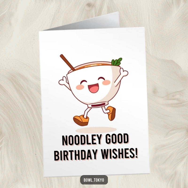 Funny Free Printable Birthday Card: A happy ramen bowl in wooden clogs leaping joyfully, ready to celebrate.