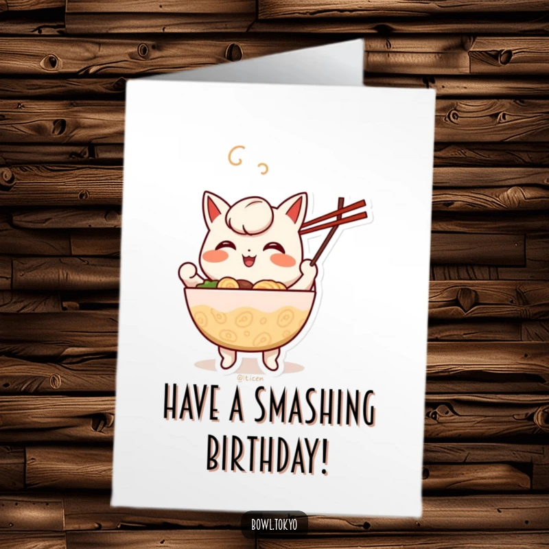 Funny Free Printable Birthday Card: A cheerful kawaii ramen bowl character happily juggling two chopsticks mid-air.