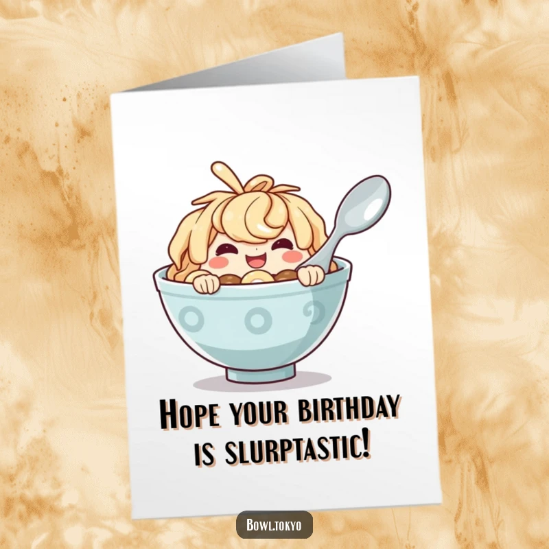 Funny Free Printable Birthday Card: A mischievous ramen bowl character peeking from behind a giant spoon with a cheeky grin.