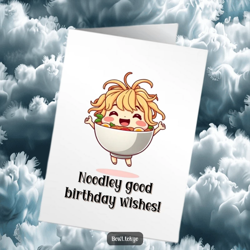Funny free printable birthday card of a ramen bowl character with noodles for hair, joyfully dancing with excitement and party vibes.