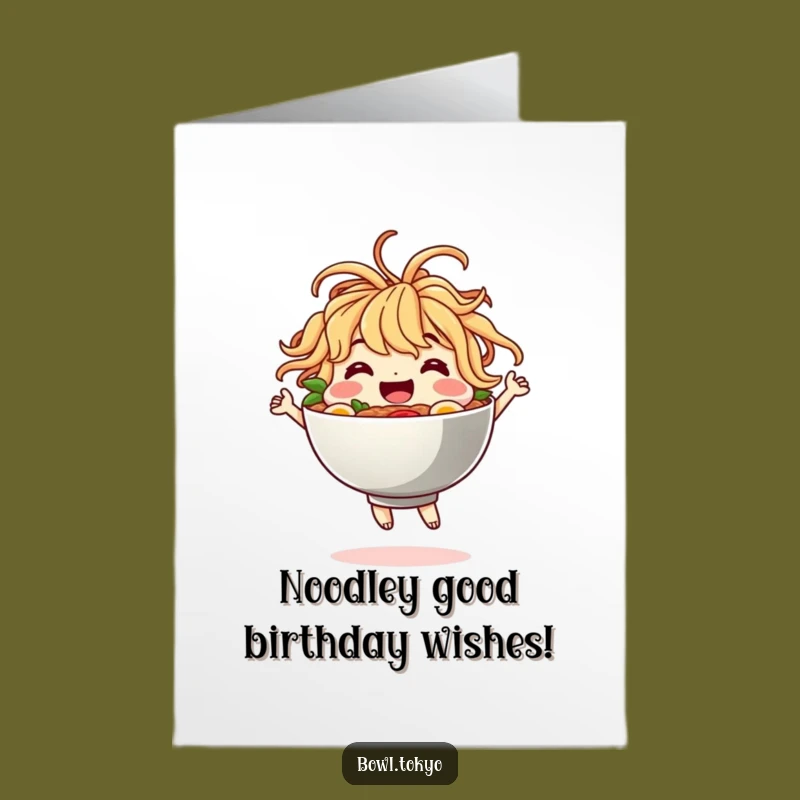 Free Printable Birthday Card: Funny Dancing Ramen Bowl, Joyful Noodles Hair, Downloadable Party Fun
