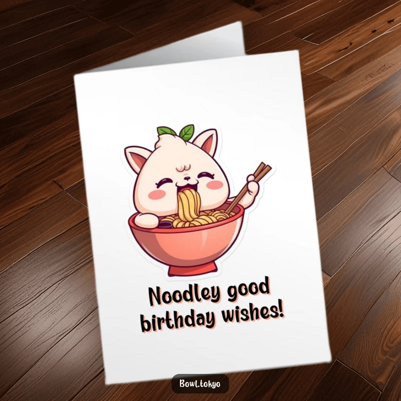 Funny free printable birthday card featuring a happy ramen bowl comically slurping noodles with sheer, unadulterated delight and joy.
