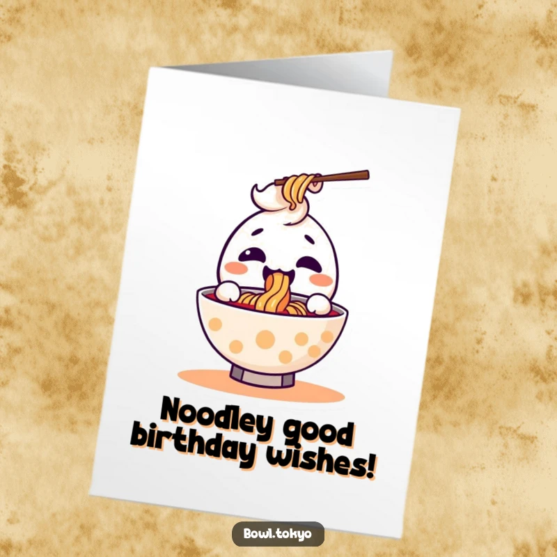 Funny Free Printable Birthday Card: Kawaii ramen bowl character joyfully slurping a single noodle with pure delight.