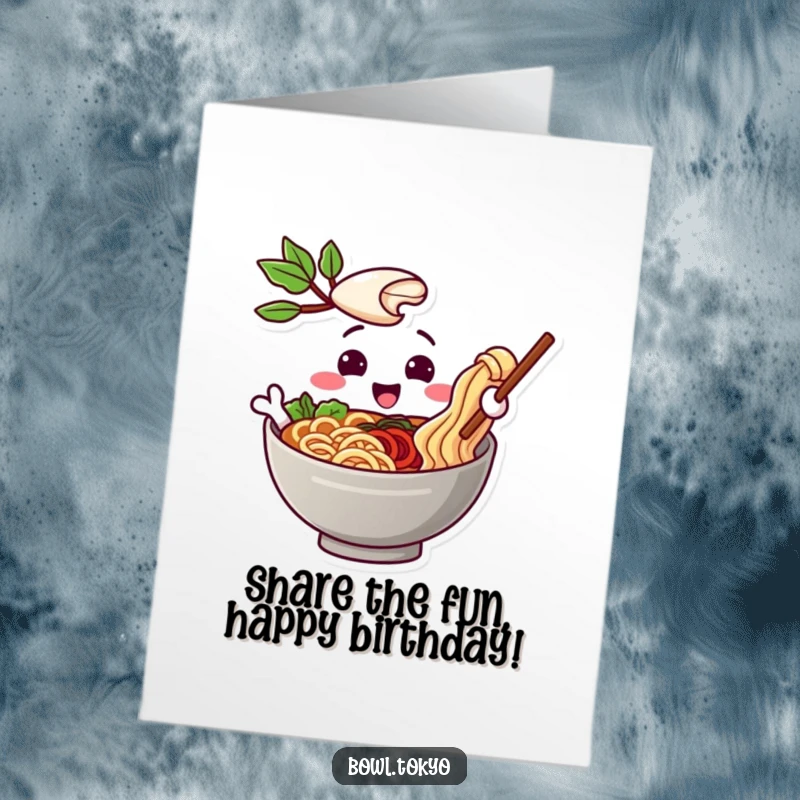 Funny free printable birthday card with a playful ramen bowl offering a noodle with a warm, friendly, and inviting gesture.