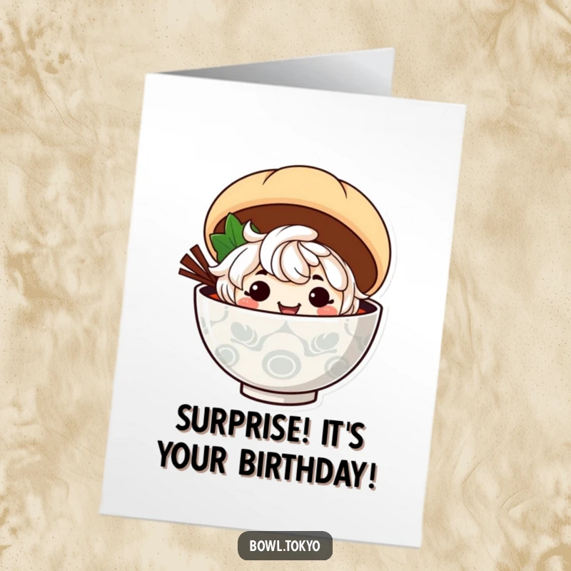 Funny Free Printable Birthday Card: Mischievous ramen character grinning, peeking from behind a fluffy steamed bun!