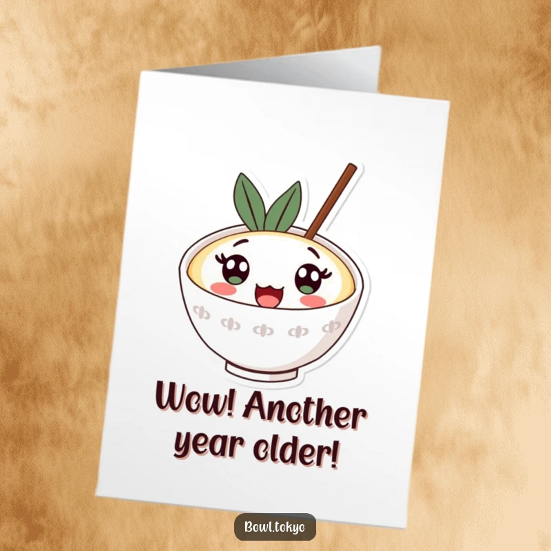 Funny Free Printable Birthday Card: A kawaii ramen bowl with huge surprised eyes looking upwards in shock and delight.