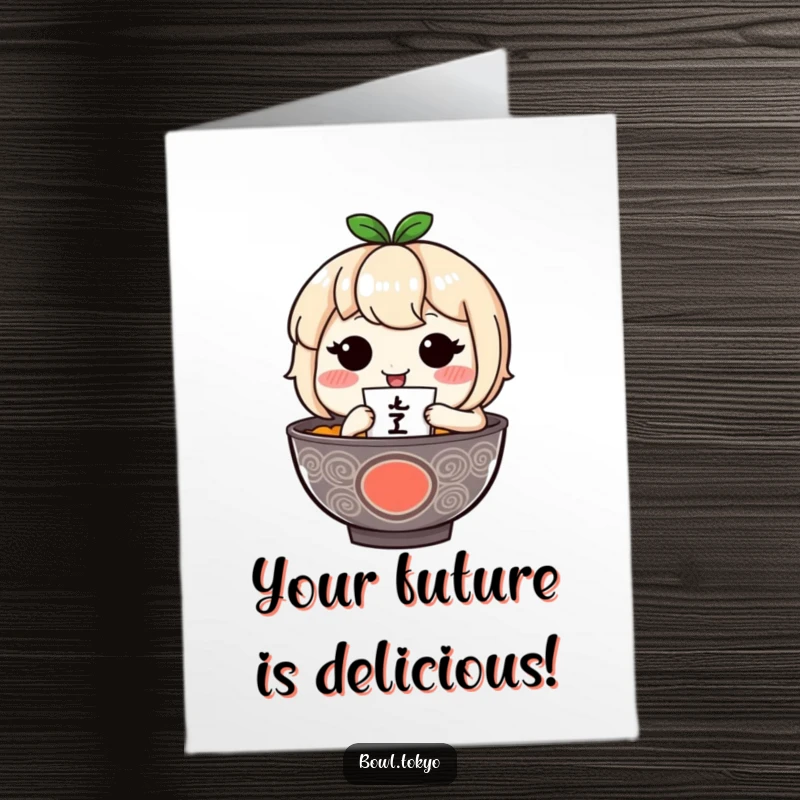 Funny Free Printable Birthday Card: Shy ramen character with rosy cheeks holding a tiny fortune teller, wishing good luck!