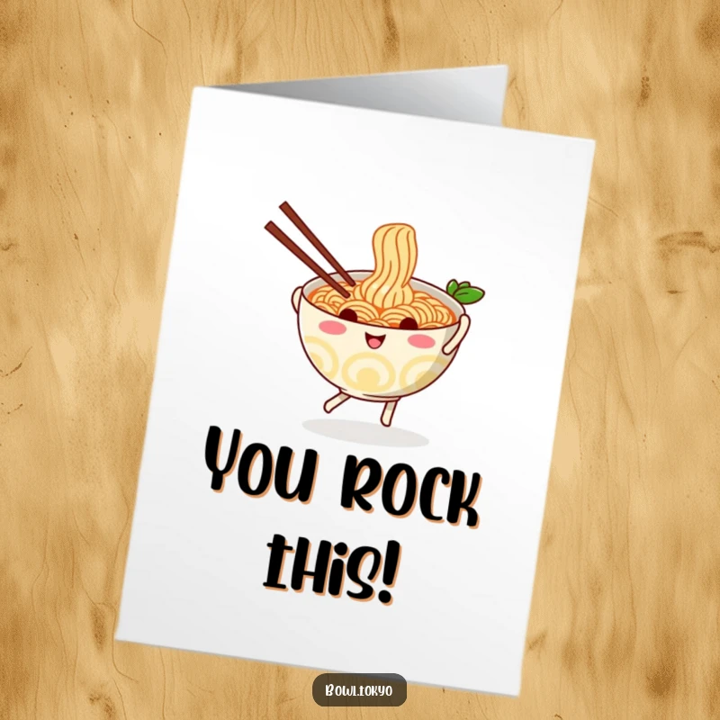 Funny free printable congratulations card featuring a happy ramen bowl character performing a playful jig with its chopsticks.