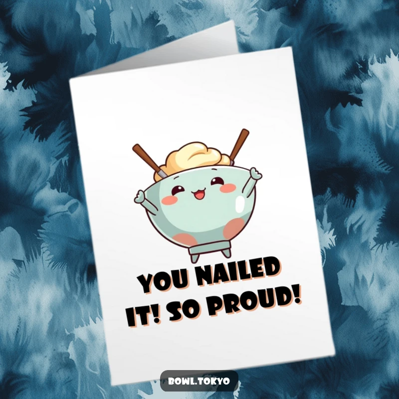 Funny Free Printable Congratulations Card of a bowl character striking a confident pose with lively chopsticks.