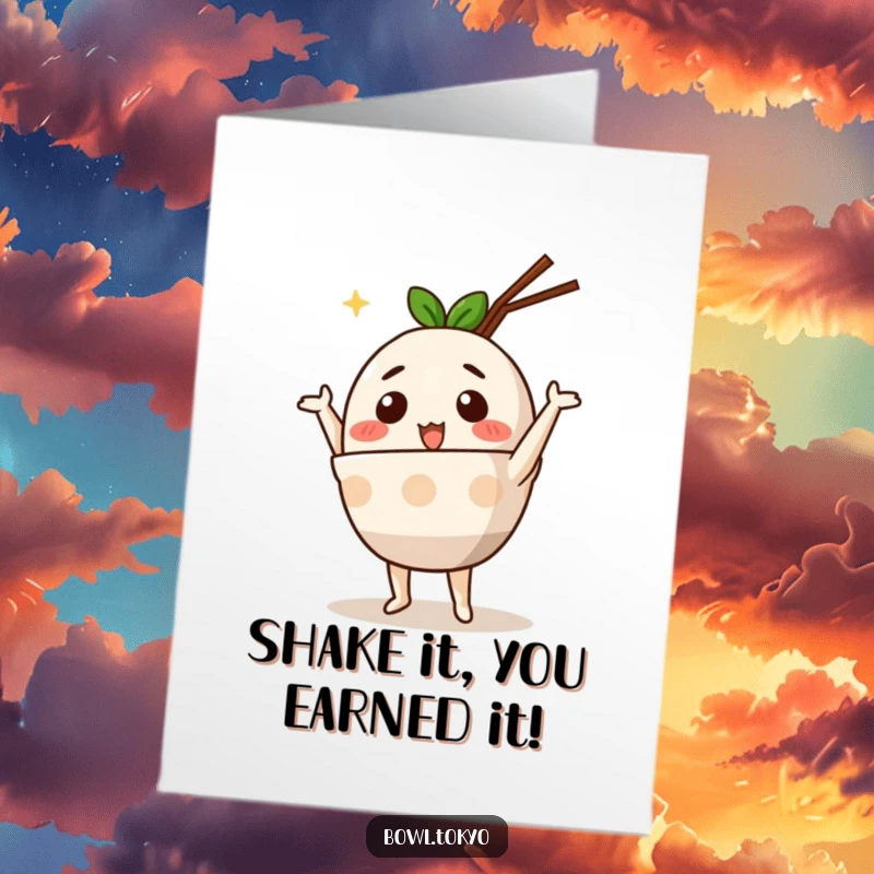Funny Free Printable Congratulations Card: A cute, anthropomorphic ramen bowl character doing a funny dance with noodle limbs.