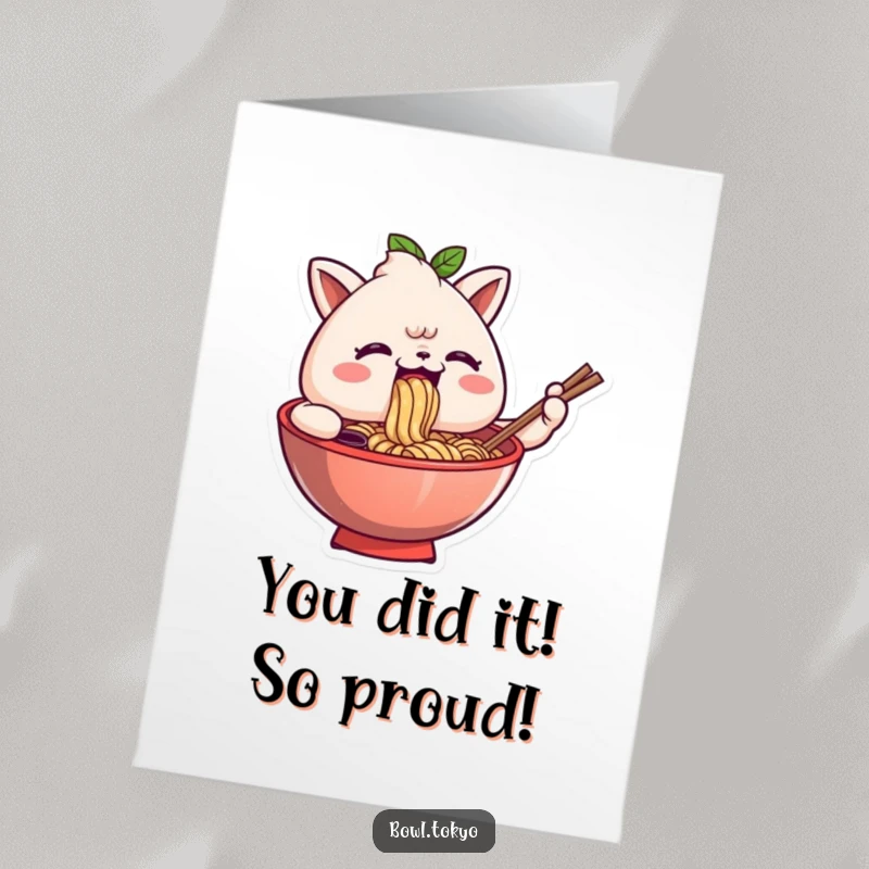 Funny free printable congratulations card showing a delighted ramen bowl enthusiastically slurping noodles, celebrating a fantastic achievement.