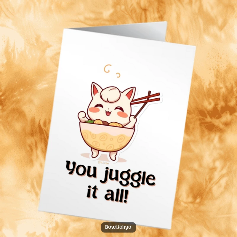 Funny Free Printable Congratulations Card: A happy kawaii ramen bowl character expertly juggling chopsticks in celebration.