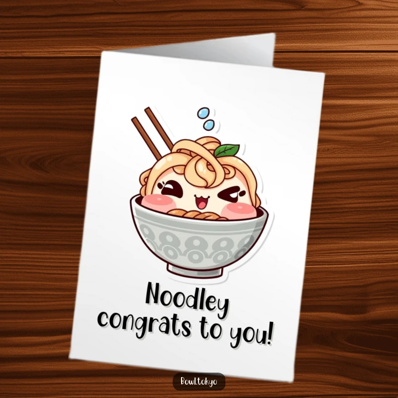 Funny Free Printable Congratulations Card: A Kawaii ramen bowl winks and splashes a little, celebrating big.
