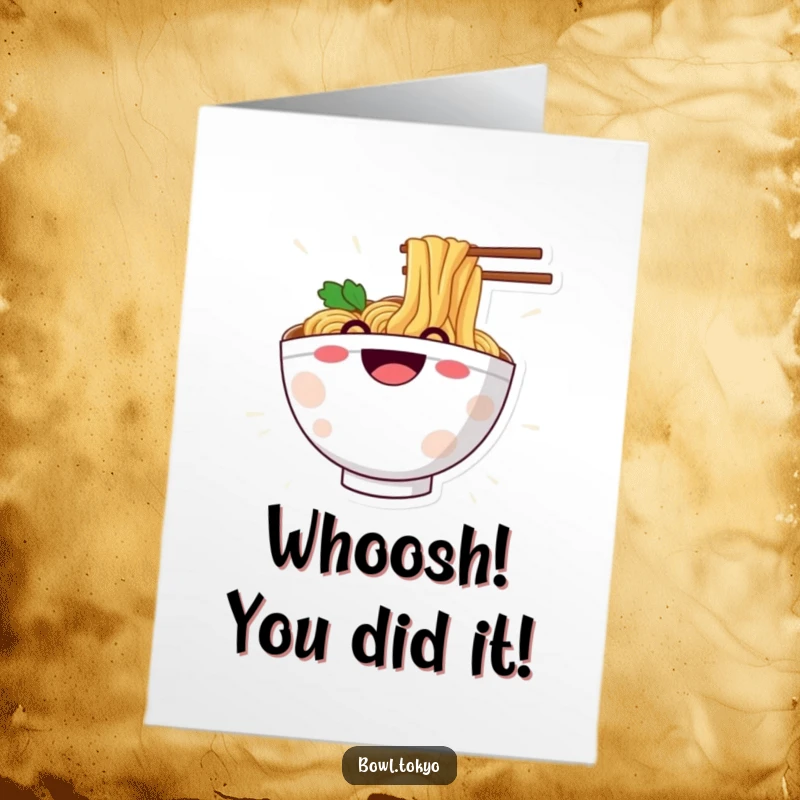 Free Printable Congratulations Card: Happy ramen bowl character with a big grin, sliding down a noodle in victory.
