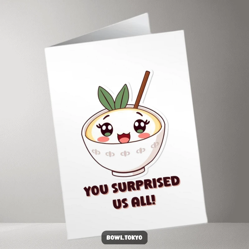 Funny Free Printable Congratulations Card: A kawaii ramen bowl with large surprised eyes looking up, conveying amazement.