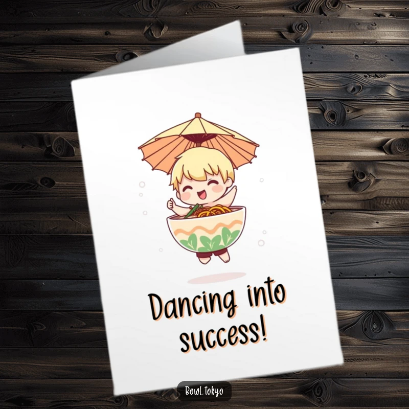 Funny Free Printable Congratulations Card: A ramen character in a paper umbrella joyfully dances through a gentle mist, celebrating!